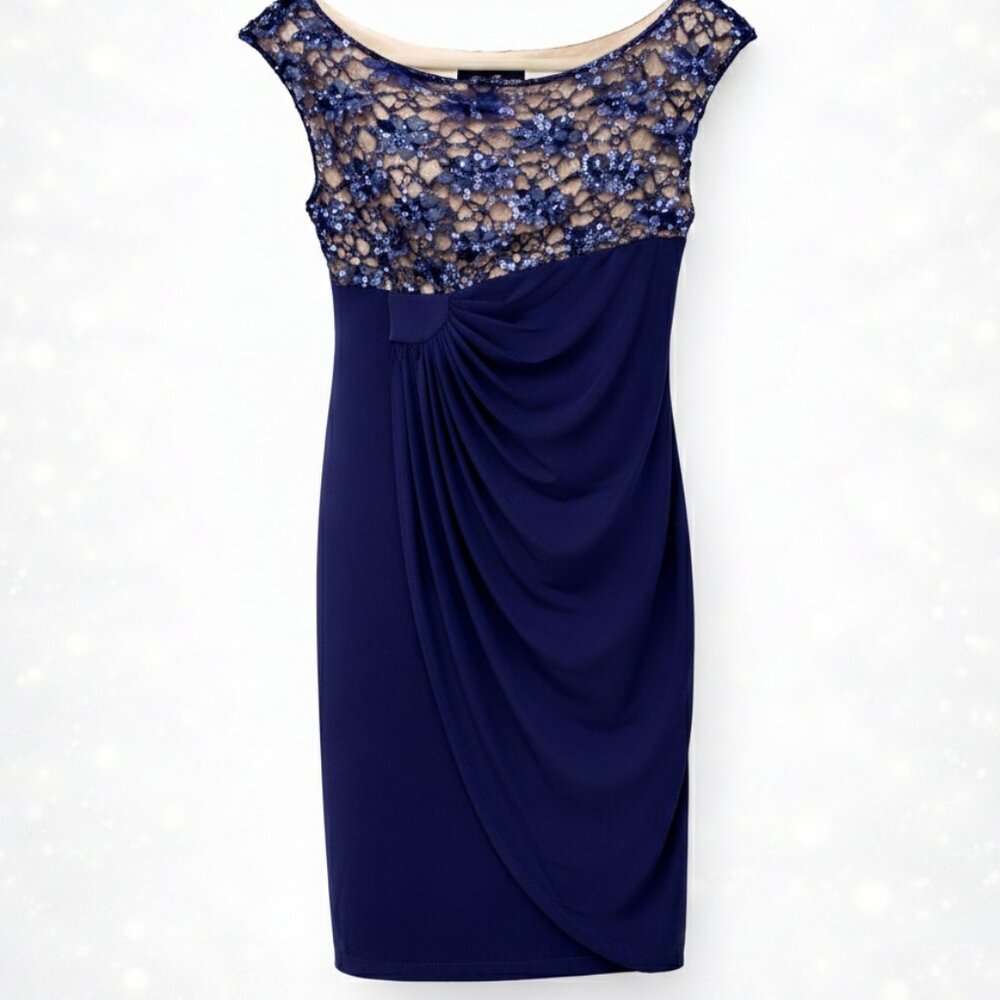 Elegant Connected Cocktail Dress – Rich Navy with Dynamic Draping NWOT - Picture 4 of 14